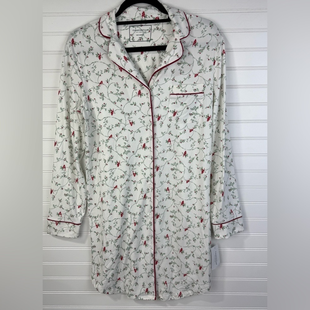 Charter Club womens holly & cardinals white Christmas holiday sleep shirt XS NWT